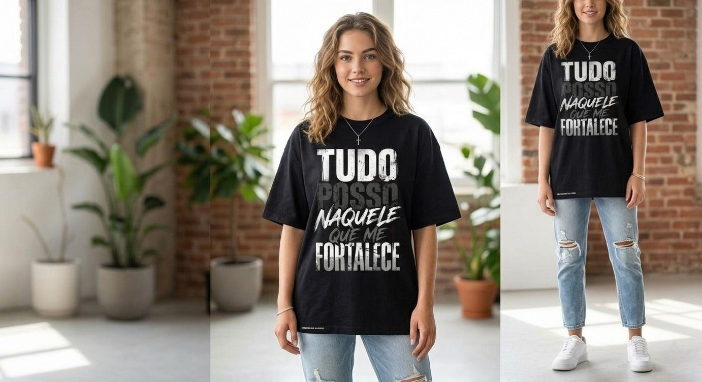 Camiseta Oversized Preta Tudo posso naquele que me fortaleça